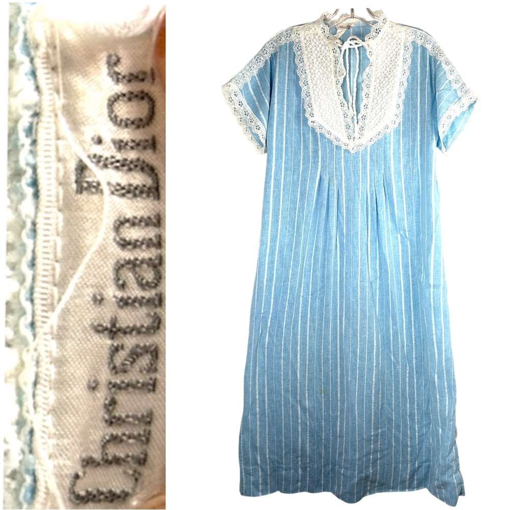 Vintage Christian Dior Womans Nightgown Couture Dress Blue White Twee Fairy 40s